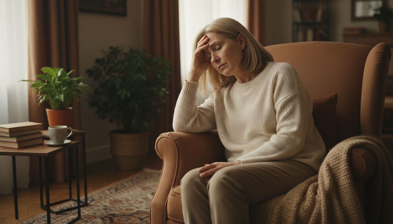 Immunotherapy Adversal Insufficiency: Symptoms, Cortisol Tests, and an Emergency Plan 1 A middle-aged cancer patient in remission sits thoughtfully on a living room chair, showing fatigue and slight dizziness with hand on forehead in a cozy home with soft window light, realistic style in warm earth tones.