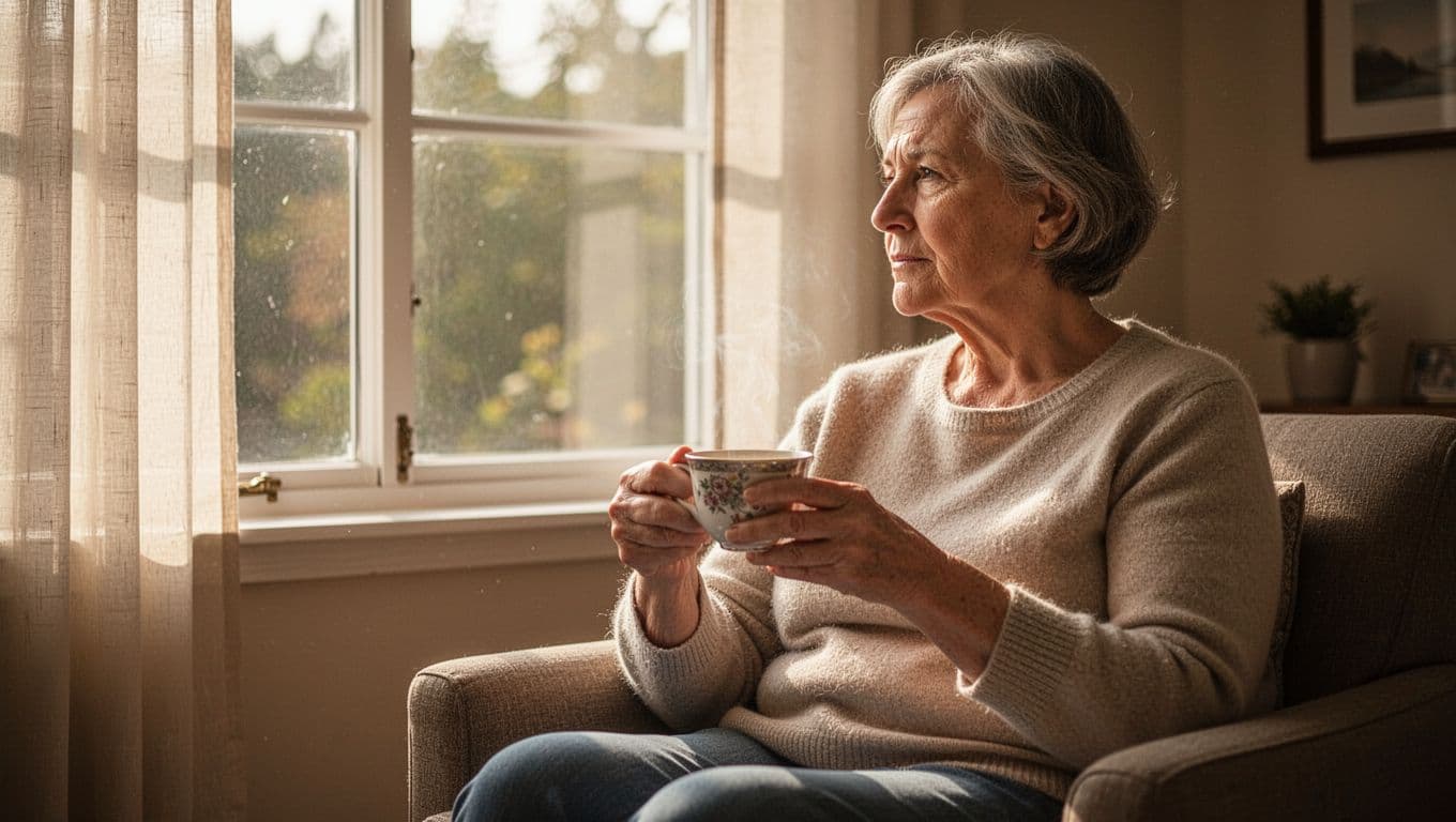 Middle-aged person who faced cancer treatment shows quiet courage, sitting calmly in a sunlit room holding a cup of tea and gazing thoughtfully out the window in soft natural light and warm tones.