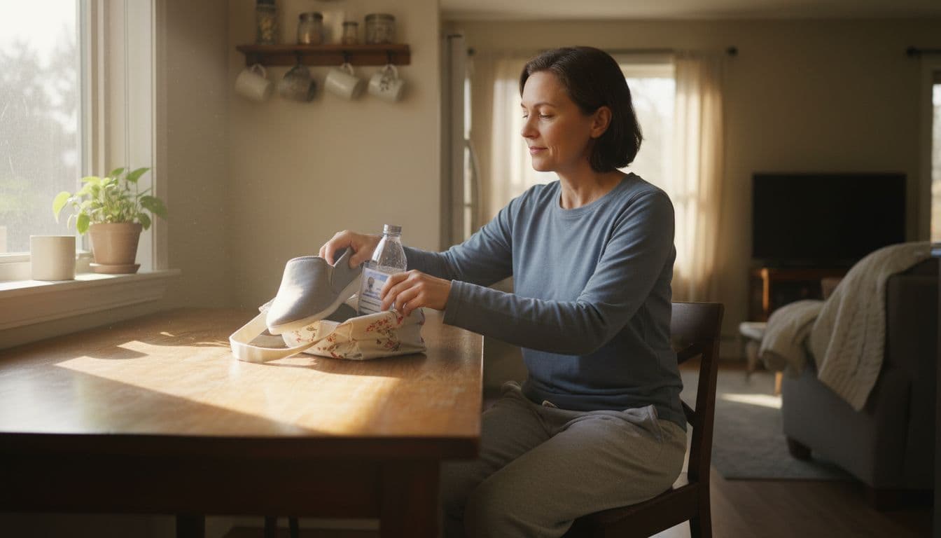 Middle-aged person at kitchen table places shoes, water bottle, and ID into small bag.