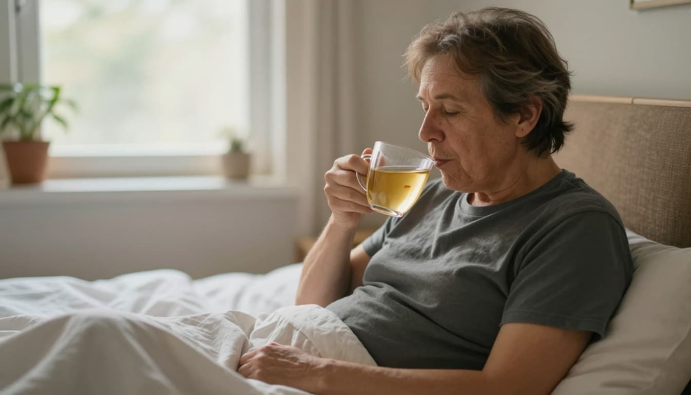 A middle-aged person with a relaxed expression sips ginger tea from a mug while sitting on a cozy bed in a softly lit bedroom. Warm natural morning light filters through the window, with exactly one person present and no other elements.