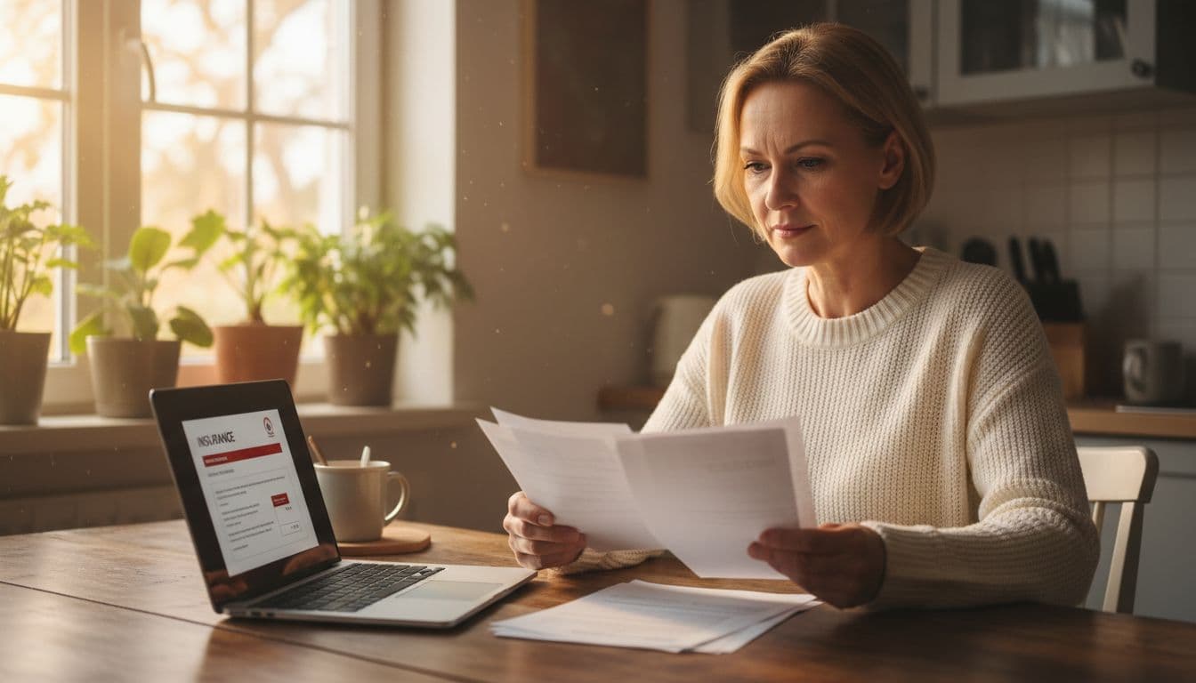 A middle-aged person sits at a wooden kitchen table, reviewing medical documents and a laptop screen displaying an insurance letter, with a calm, determined expression. Soft morning light filters through a window with plants, emphasizing resolve in facing denial.