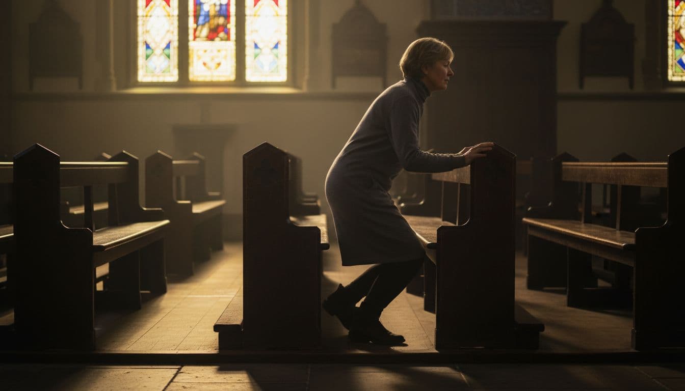 A middle-aged person carefully stands up from a wooden church pew in a quiet sanctuary during service, captured in side profile to highlight slow, deliberate movement and slight hesitation, with soft warm light from stained glass windows.