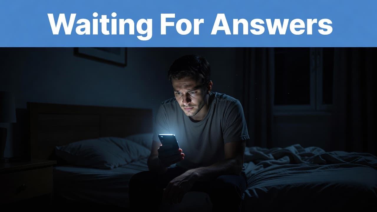 A person sits in a darkened bedroom, their face illuminated by the bright blue glow of a smartphone screen. They hold the device intently while waiting for urgent medical status updates.