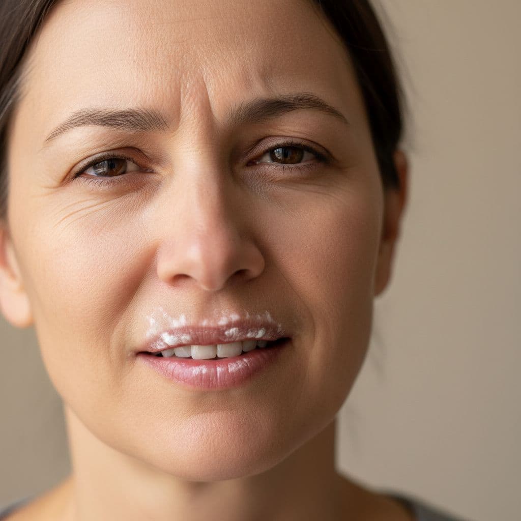 A compassionate close-up of a middle-aged person's face displaying mild mouth discomfort from oral thrush, with soft lighting and a gentle expression featuring a slight wince against a plain neutral background.