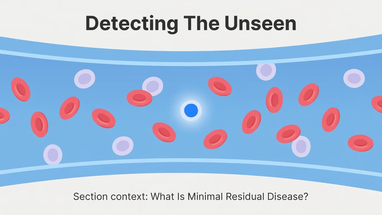 Minimal Residual Disease, Explained in Plain English 2 A flat medical illustration shows numerous blue circular blood cells flowing through a vessel. One distinct cell stands out in a different color to highlight successful detection of individual anomalies.