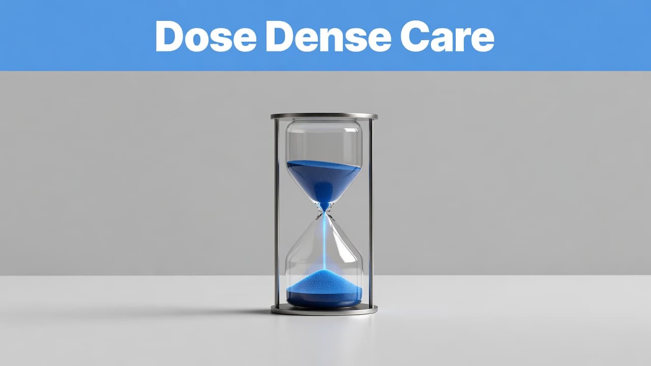 A glass hourglass filled with vibrant blue sand sits centered on a light grey surface. A clean blue header above features geometric text, illustrating the concept of timed medical treatment cycles.