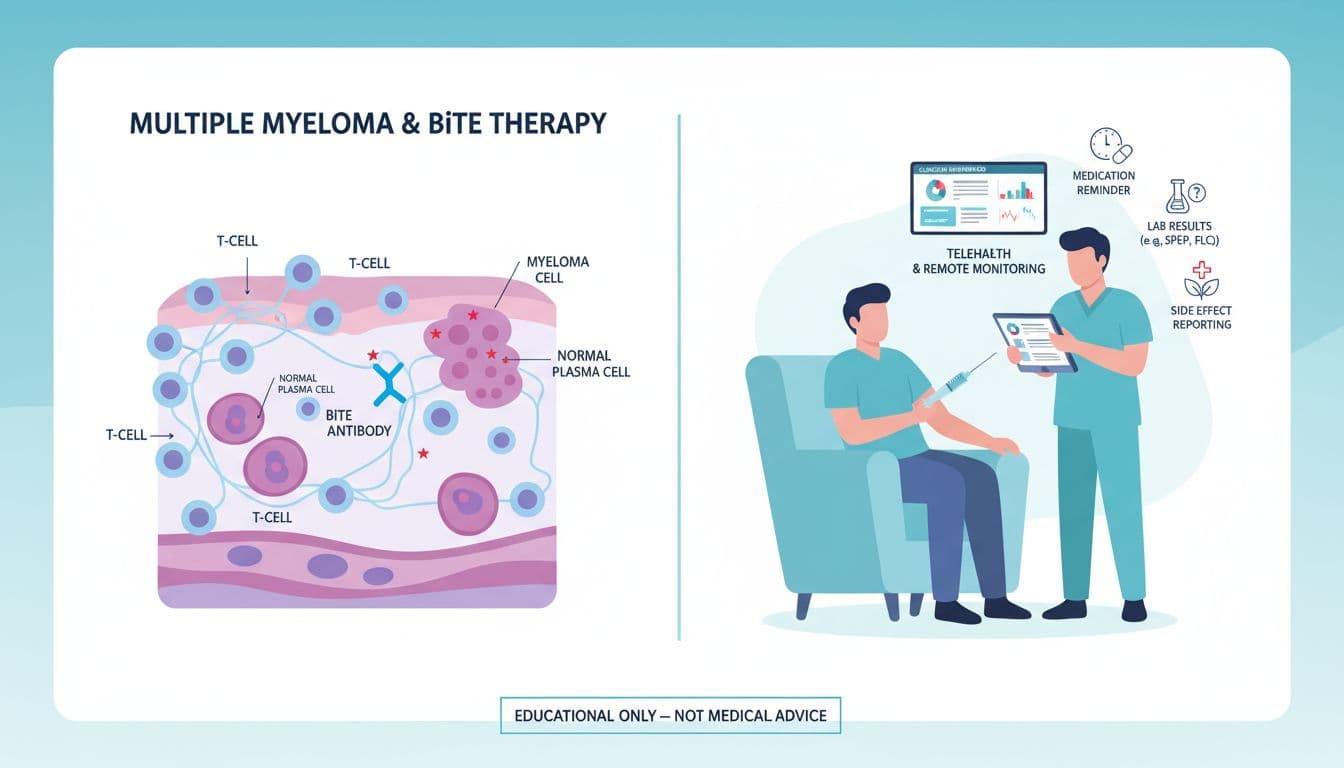 Clean, medically accurate infographic split layout: left shows bone marrow with plasma and myeloma cells engaged by T-cells; right depicts patient injection and telehealth monitoring with symptom icons.