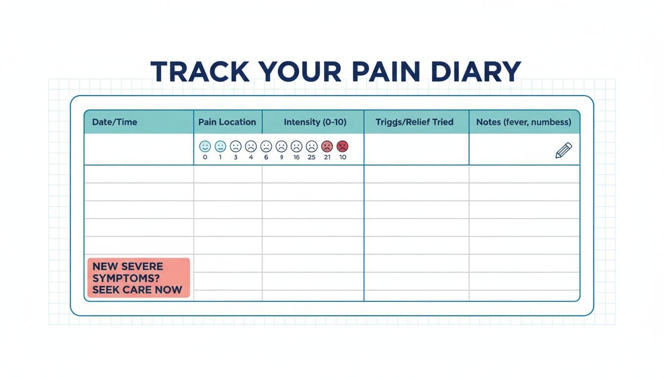 A clean, patient-friendly medical infographic with a simple pain diary template table for tracking bone pain triggers in multiple myeloma, featuring columns for date/time, location, intensity (0-10 scale), triggers, meds/relief, and notes.