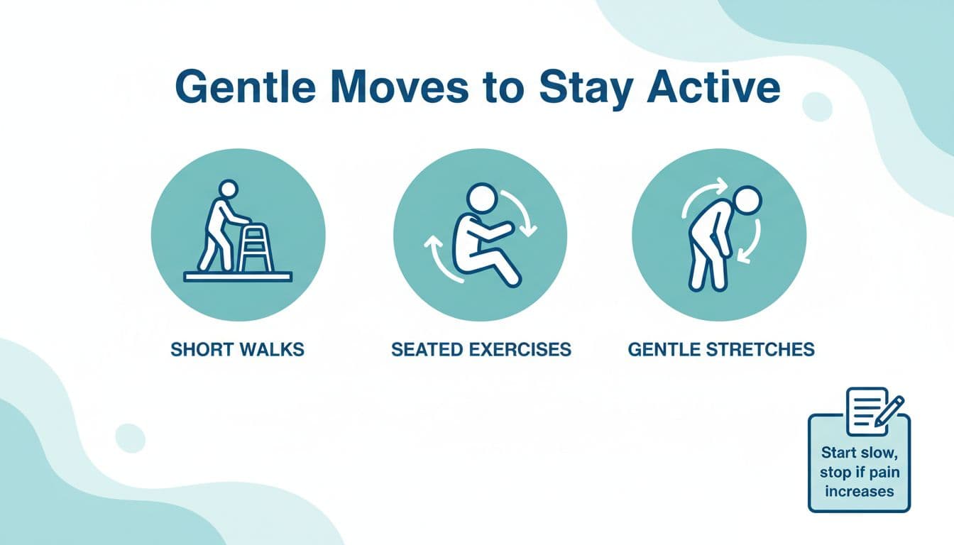 A patient-friendly infographic highlighting three simple, gentle movements for managing bone pain from multiple myeloma: short walks with a walker, seated arm circles and leg lifts, and neck/shoulder stretches. Features calming blues, modern flat design, and a note to start slow.