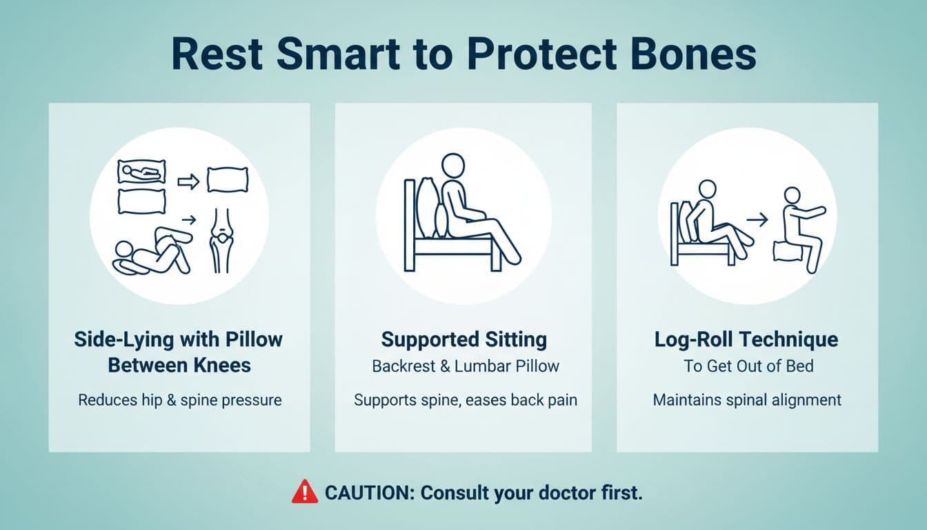 Patient-friendly infographic showing three rest positions to ease multiple myeloma bone pain: side-lying with pillow between knees, supported sitting with backrest and lumbar pillow, and log-roll technique to get out of bed. Modern flat design with calm blues/teals, light teal gradient background, high contrast, and caution to consult doctor.