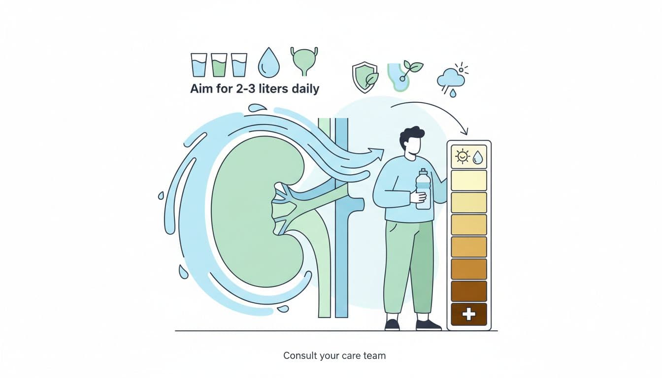 Medically accurate flat vector illustration of hydration best practices for multiple myeloma patients, featuring a person with water bottle, urine color chart, kidney outline with water flow, and daily intake icons in pastel blues and greens.