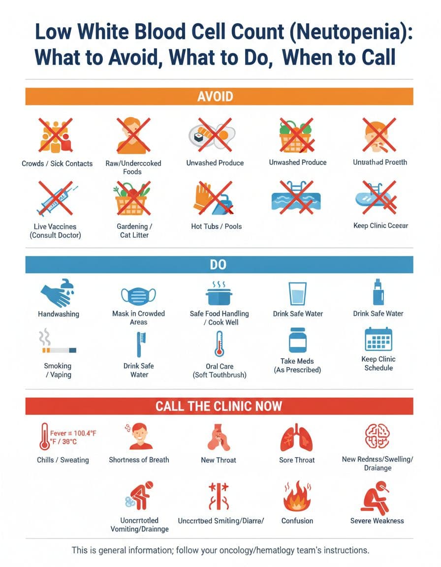 When your white blood cell count drops, what to avoid, what to do, and when to call the clinic 1 Descriptive alt text