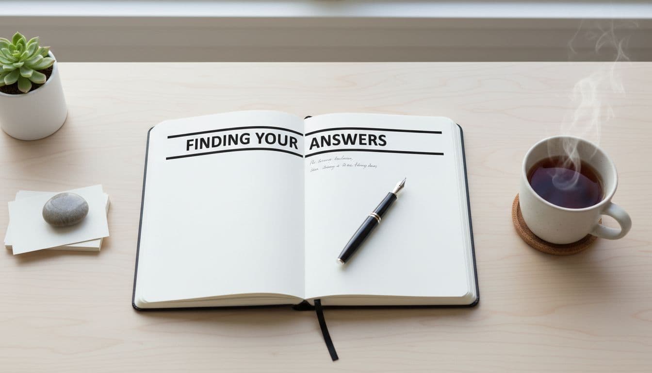 Biomarker Testing Cancer, in Plain English 3 Well-lit office desk with open journal, single pen, and top headline 'Finding Your Answers' in bold font.
