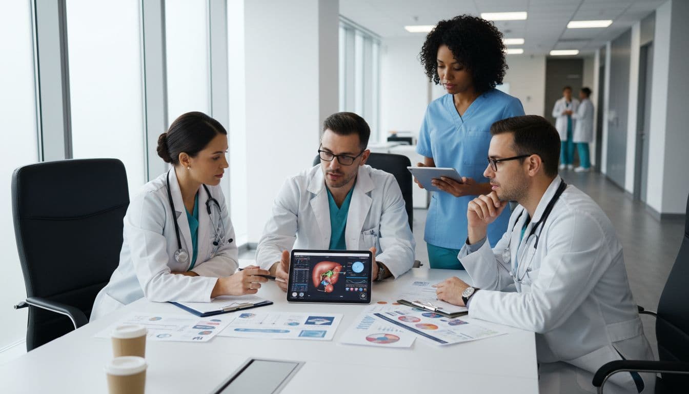 A diverse group of three medical professionals—two doctors and one nurse—gather around a table with charts in a modern clinic, focused on collaborative discussion of a treatment plan under bright lighting in realistic photo style.