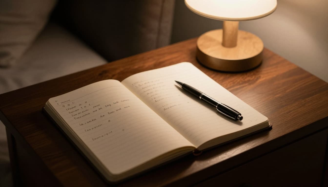 Open notebook with simple handwritten reminders on a bedside table next to a pen, illuminated by dim evening lamp light in a cozy bedroom. Top-down realistic composition, no people or watermarks.