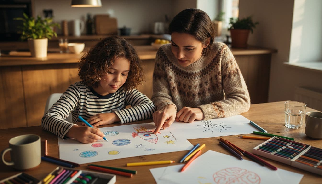 A 10-year-old child and parent sitting at kitchen table drawing pictures together, child holding crayon relaxed, parent pointing gently, warm home lighting, realistic style, exactly two people, no devices, no text.
