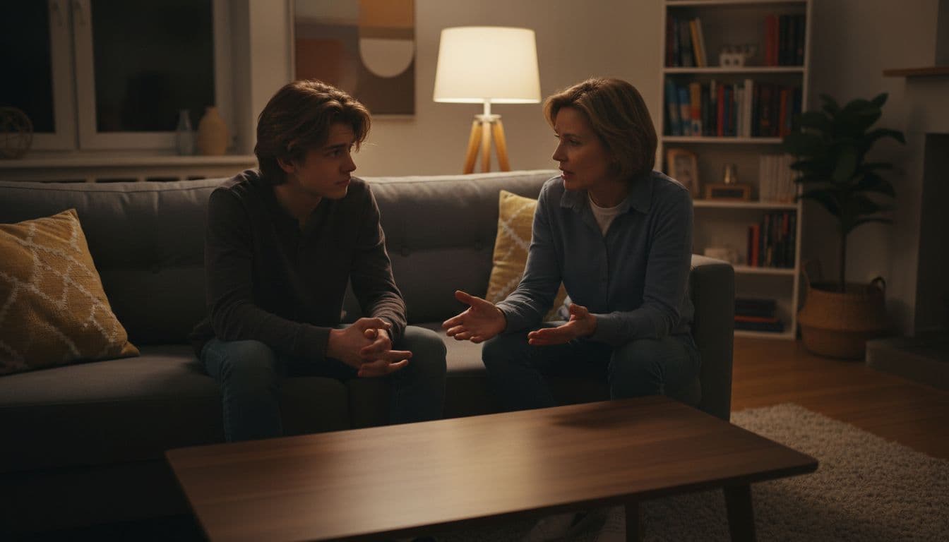 A teenager and parent sit closely on a couch in a living room lit by evening lamp light, with the teen appearing concerned yet engaged and the parent speaking gently with open posture.