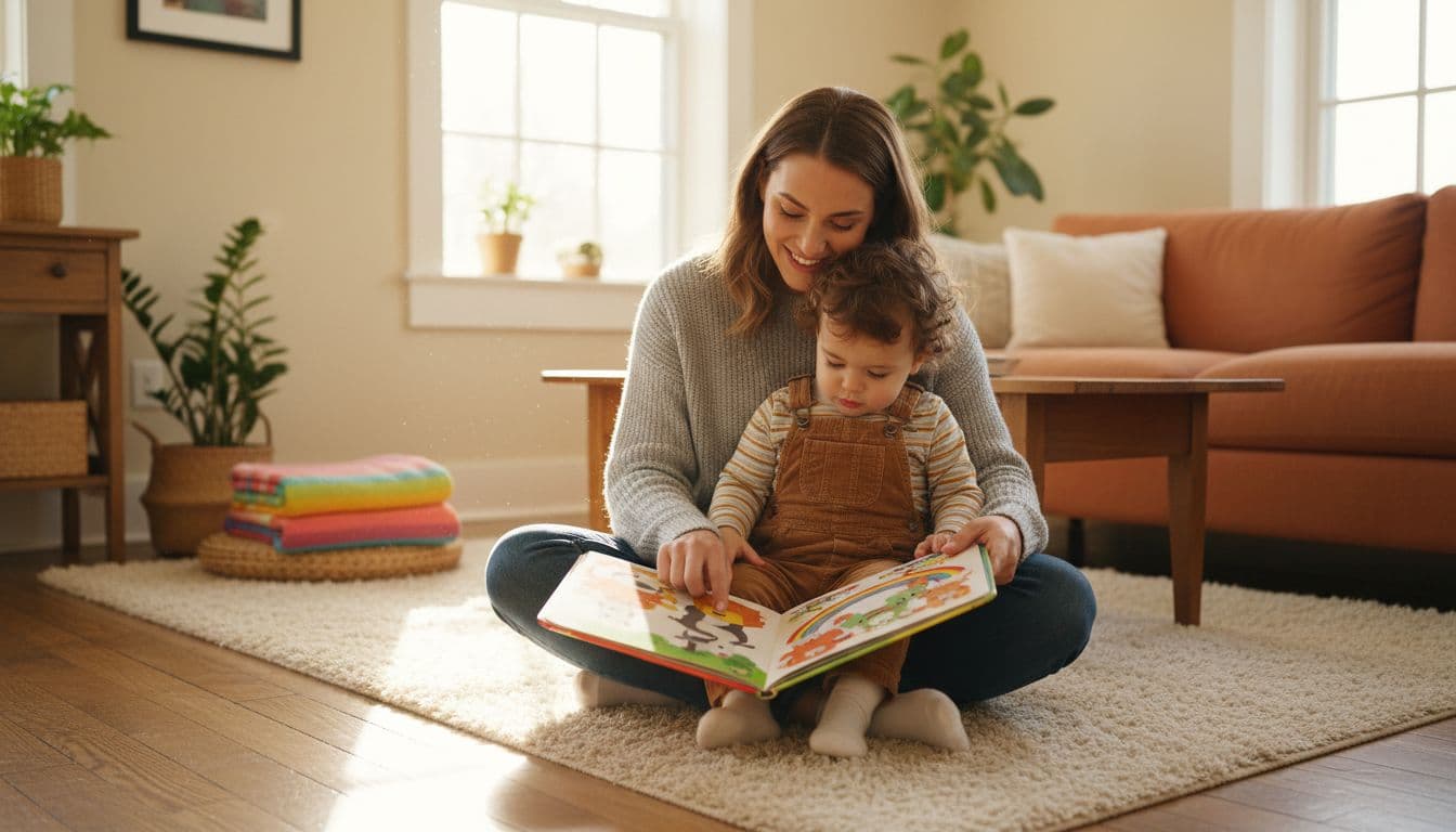 A compassionate parent sits on the floor with a 2-year-old toddler, both looking at a colorful picture book in a cozy living room with soft natural light and warm tones.