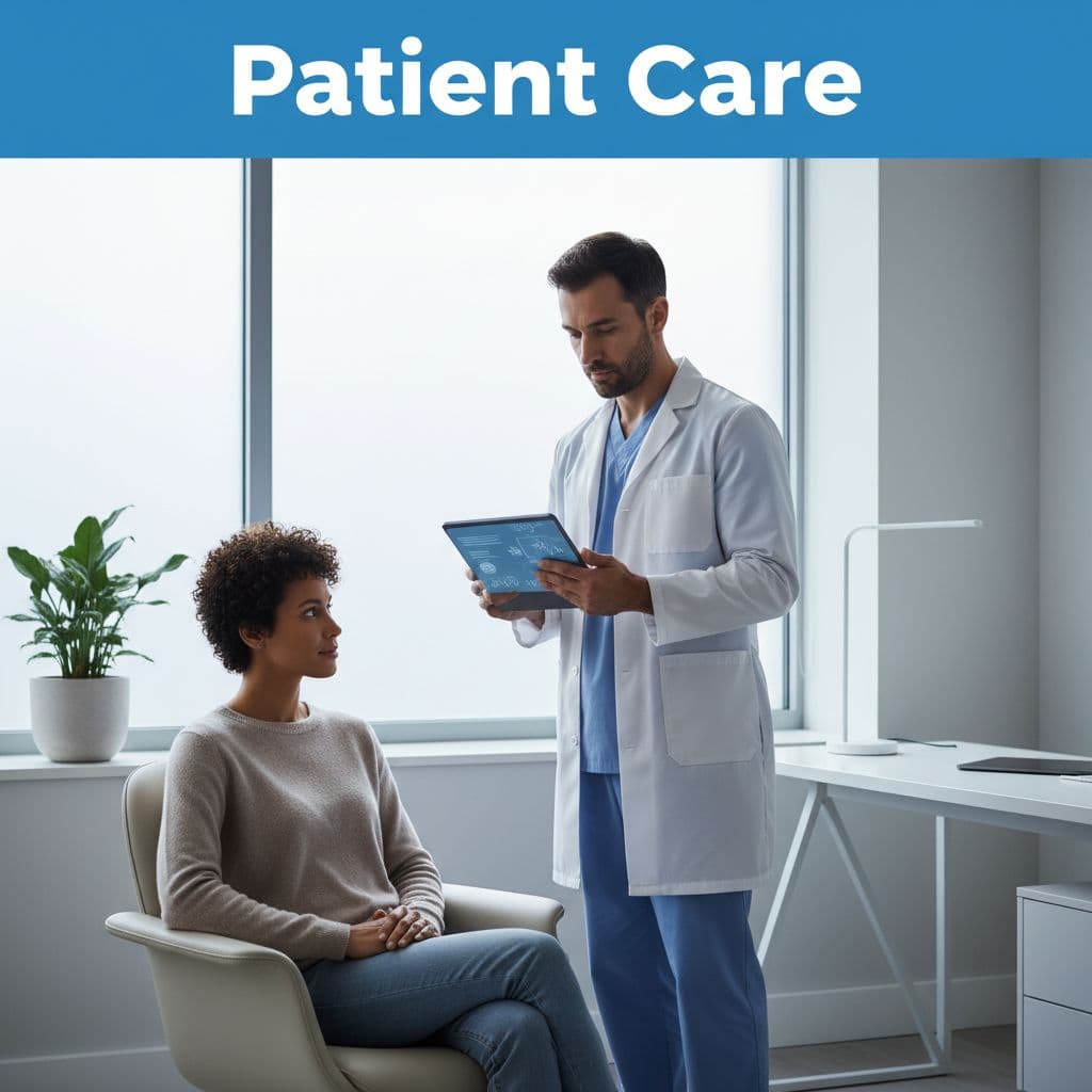 A patient sits in a clinical setting while a doctor reviews medical information on a digital tablet.