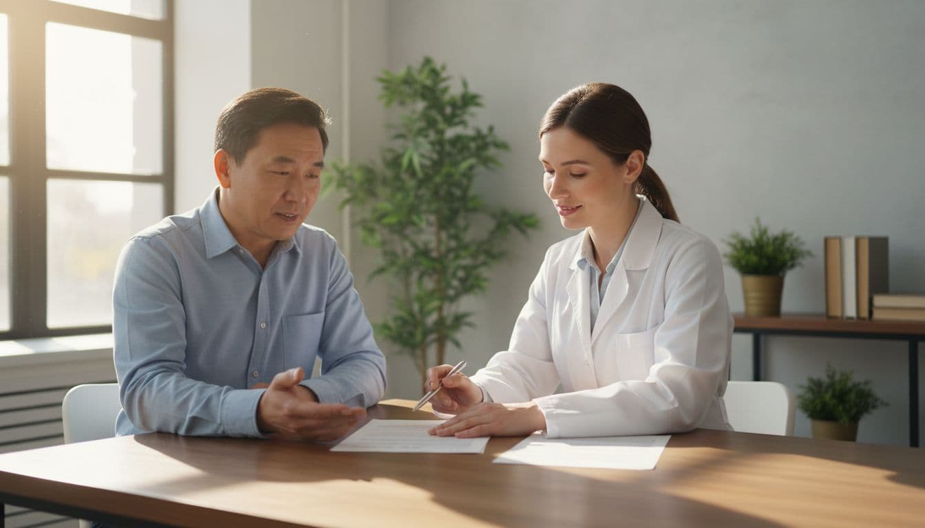 Middle-aged patient and doctor sit at desk in sunny clinic office, reviewing papers with gesture.