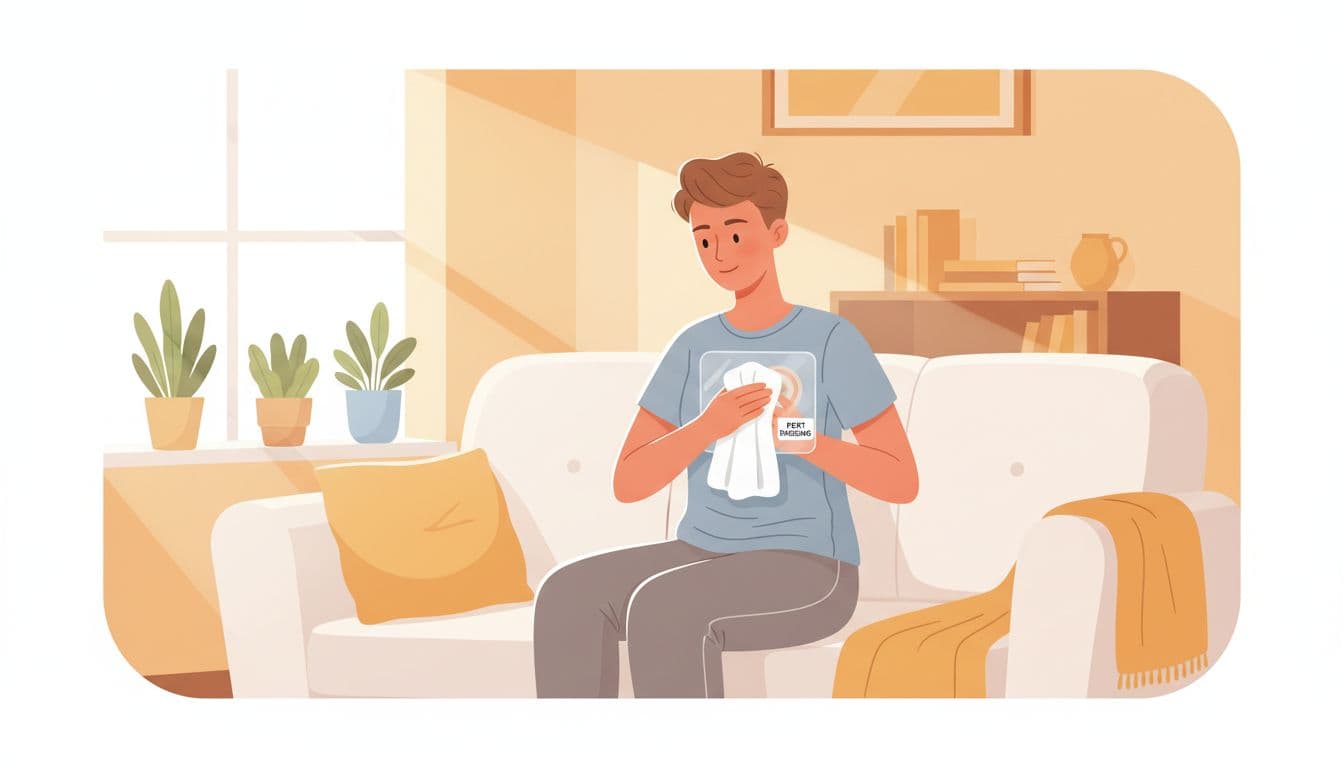 In a sunlit living room, a composed person in everyday clothes sits on a couch, carefully inspecting the waterproof dressing over their chest chemo port after a shower, holding a soft cloth with quiet courage.