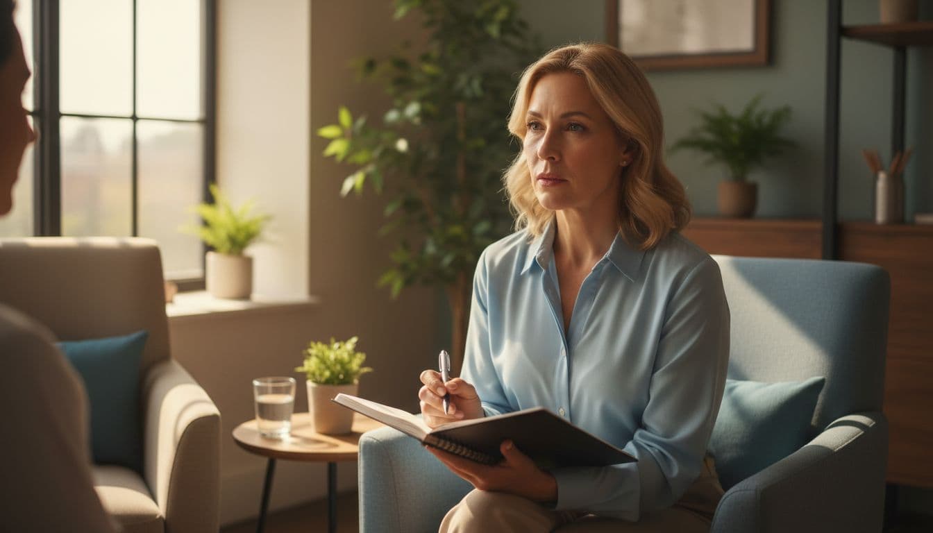 A middle-aged patient sits attentively in a doctor's office during their first oncology visit, holding a notebook with prepared questions, illuminated by soft natural light in warm tones.