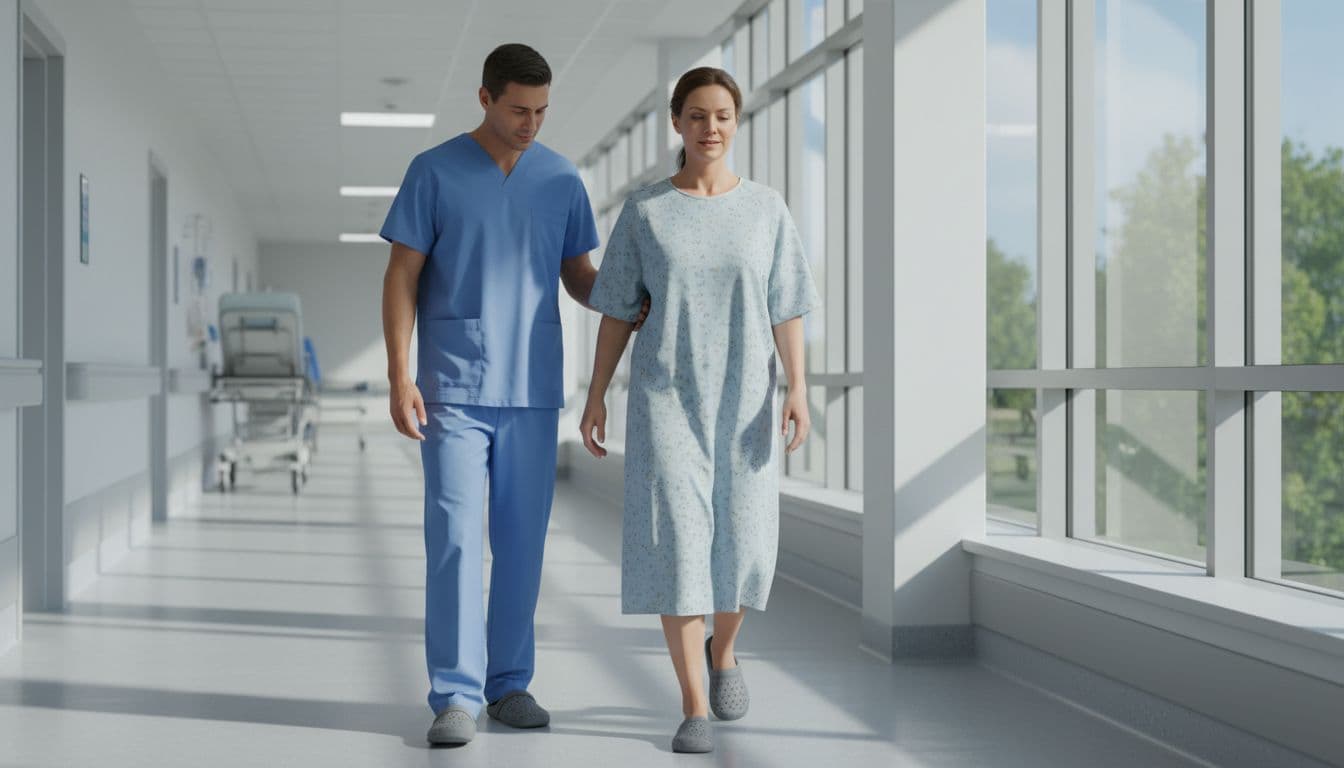 A single patient takes their first determined steps in a bright hospital hallway after cancer surgery, gently supported by one nurse, with a hopeful expression.