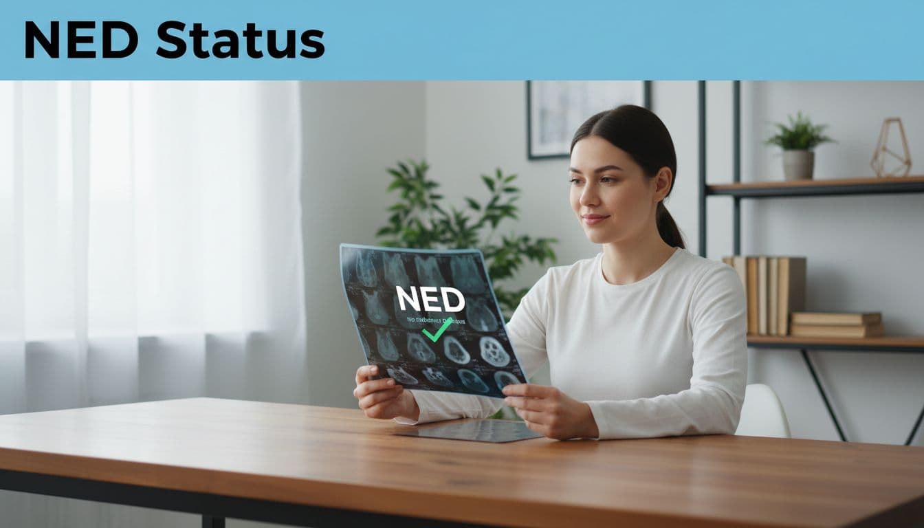 Calm patient in home office reviews clear scan results with subtle smile below blue NED Status band.