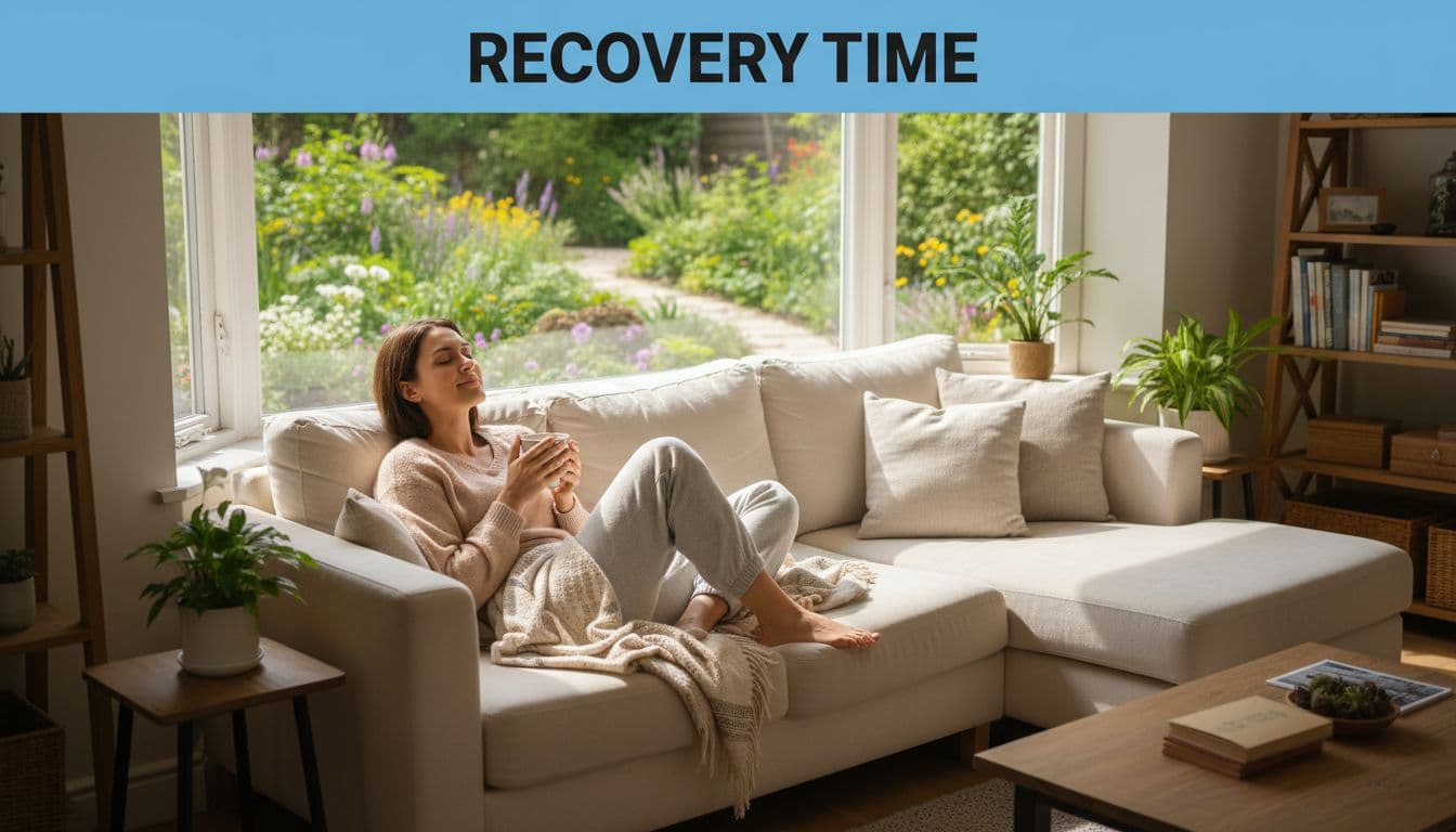 Patient rests relaxed on couch holding tea, garden visible through window, blue top band headline 'Recovery Time'.