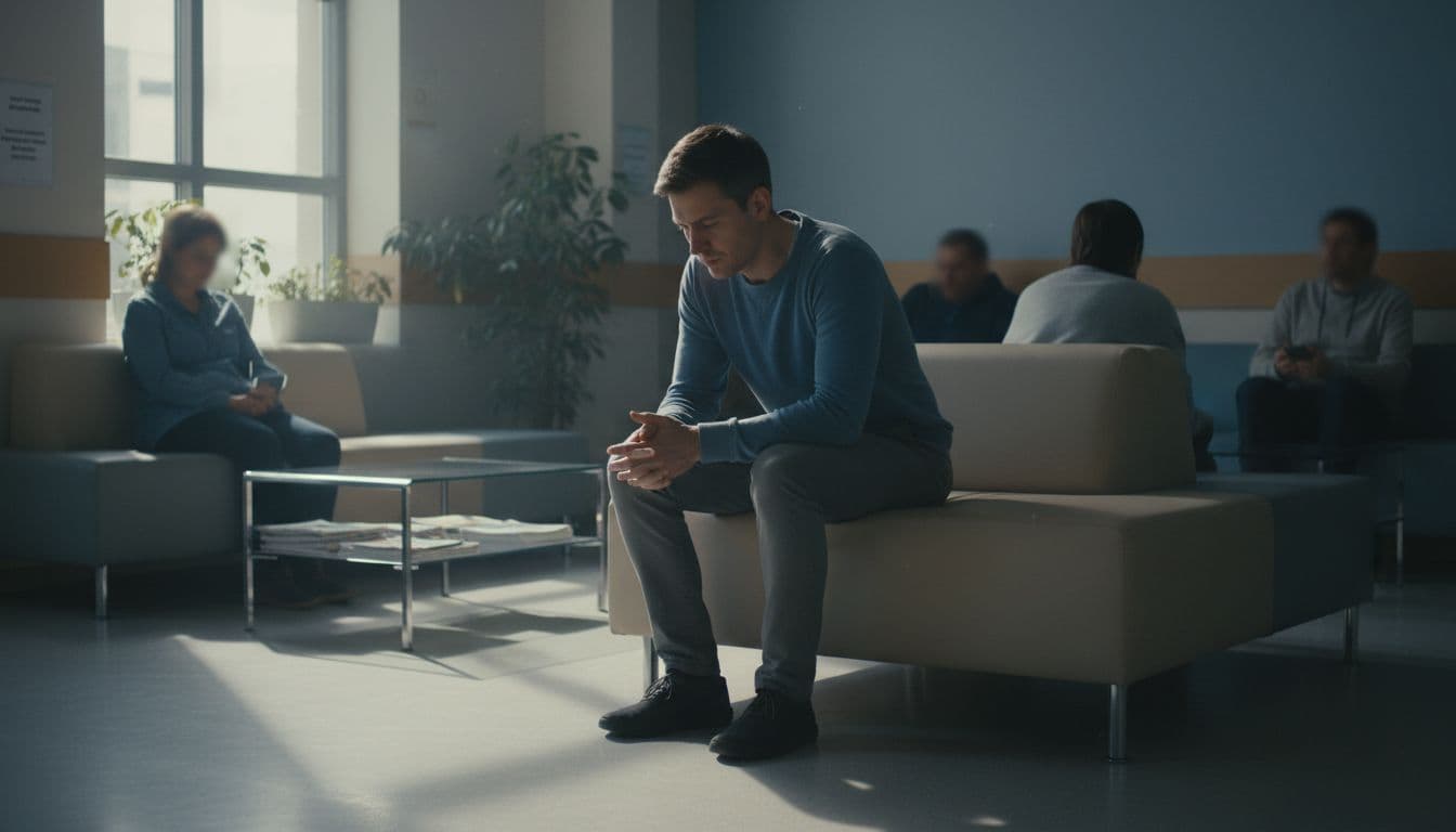 Why Thinking Positive Fails During Cancer And What Helps Instead 1 A person sits alone pensively in a hospital waiting room, hands in lap, surrounded by distant patients, illuminated by soft window light in neutral colors, evoking a serene yet somber mood.