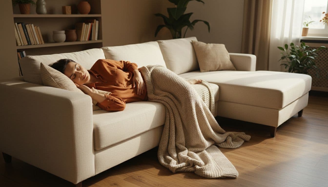 One person lies on a couch applying a warm compress to upper arm in a cozy living room.