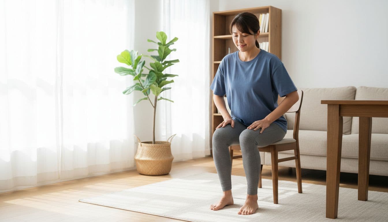 Person practicing sit-to-stand exercise at home using a sturdy chair in a living room, mid-movement rising smoothly with focus and confidence in casual clothes, bright natural daylight, simple background.