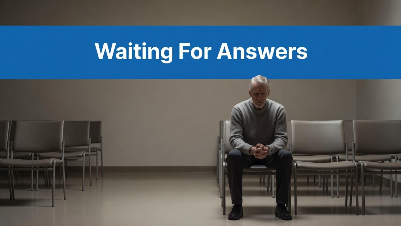 A solitary individual sits on a molded chair within a sterile, softly lit hospital corridor. A prominent blue banner across the top displays the bold white text Waiting For Answers.