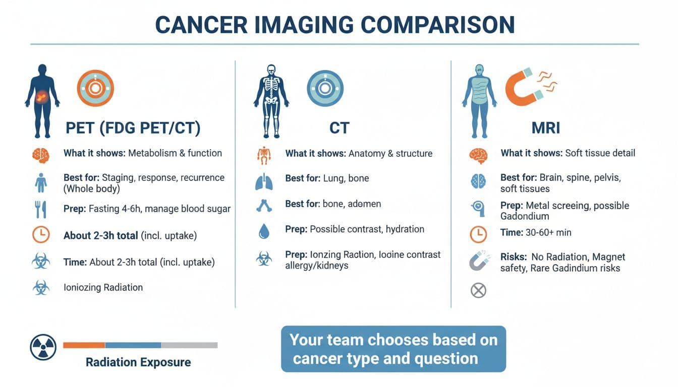 PET scan vs CT vs MRI during cancer care, what each one checks and how to prep 1 Patient-friendly medical infographic comparing PET (FDG PET/CT), CT, and MRI scans side-by-side for cancer care, detailing what they show, best uses, preparation, scan time, risks, and radiation levels.