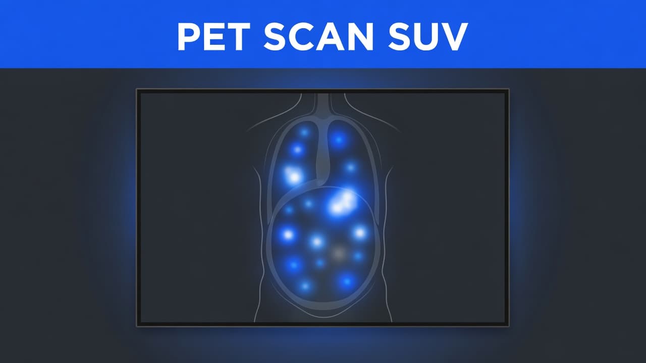 PET Scan SUV, Explained in Plain English 2 A high-resolution screen displays a stylized PET scan visualization featuring vibrant contrast mapping. A prominent blue header clearly labels the data as PET SCAN SUV in a clean, sans-serif font.