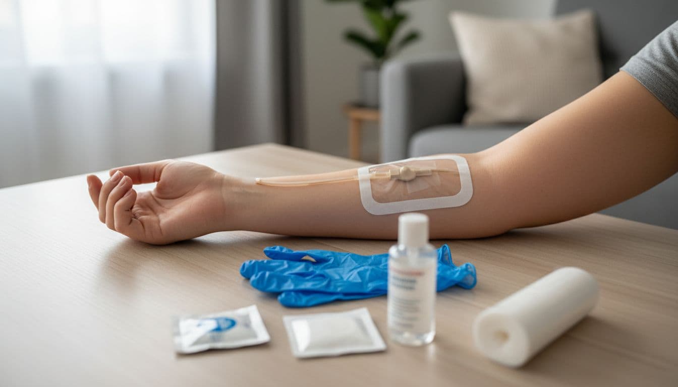 Close-up of an arm with a PICC line and clean dressing in a home setting, surrounded by gloves and cleaning supplies.