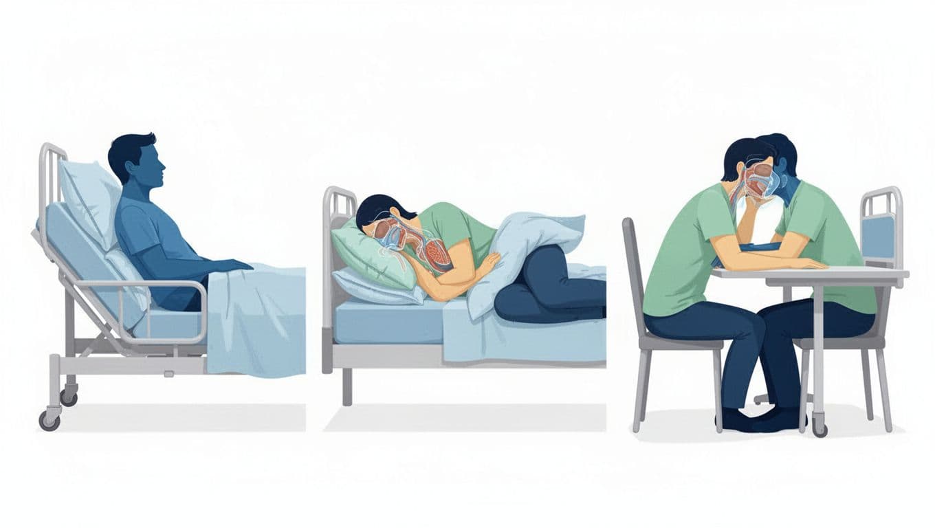 Malignant Pleural Effusion in Cancer: The Shortness-of-Breath Pattern, Sleeping Positions That Help, and When to Go In 2 Clean patient-education medical illustration in modern flat design showing three side-by-side panels of adult silhouettes in recommended sleeping positions for dyspnea relief: semi-Fowler elevated, side-lying with affected side down, and forward-leaning tripod seated.