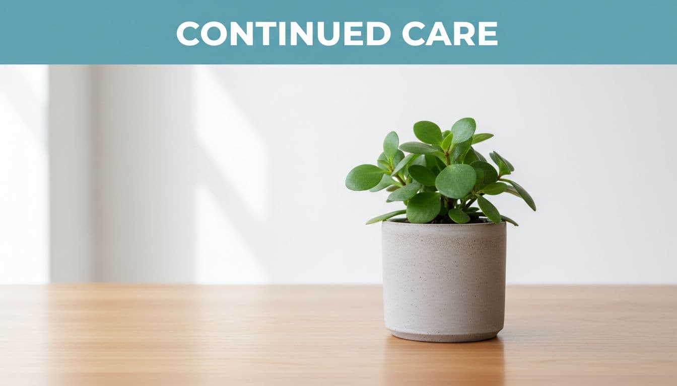 A small green plant grows in a pot on a clean wooden surface under soft lighting.