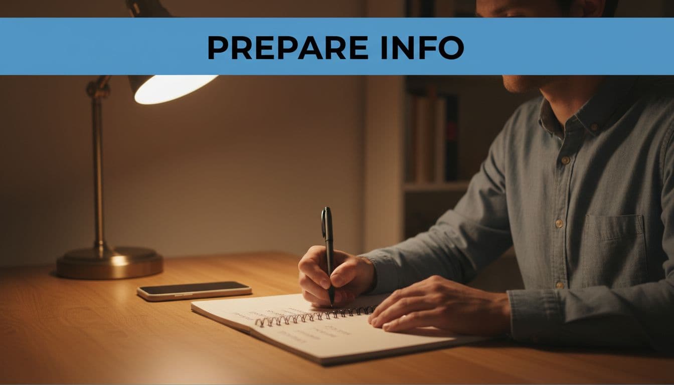 Person in night-lit home office jotting medical symptoms, meds, allergies on notepad, phone nearby, desk lamp glow, 'Prepare Info' blue headline above.