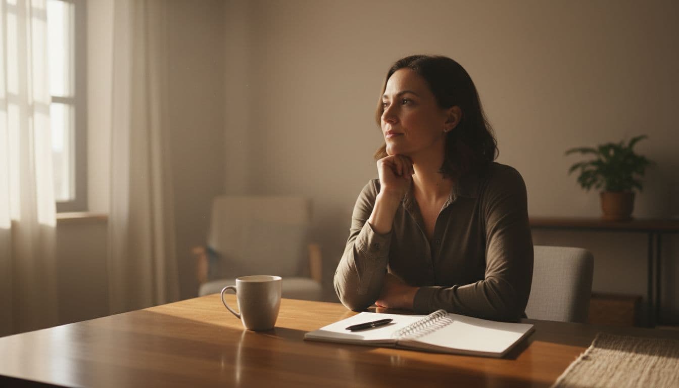 One person sits alone in a quiet home office, reflecting thoughtfully with chin on hand, soft morning light through window, notebook and coffee on desk, calm expression showing inner strength.