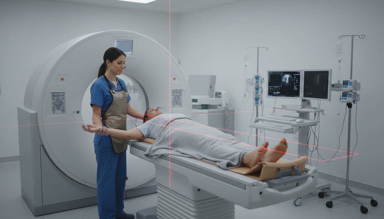 Patient lies on CT scanner table with red laser alignment lines across body; therapist gently adjusts arm in clean simulation room.