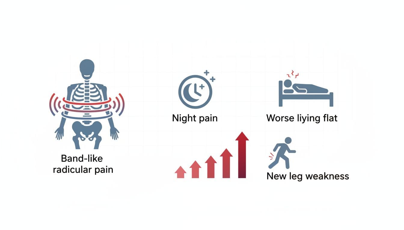 Metastatic Spinal Cord Compression: The Back Pain Pattern You Can’t Ignore and What to Do in the First Hour 1 Clean clinical infographic illustrating red-flag back pain symptoms in cancer patients, featuring icons of spine with radiating pain, nighttime clock, discomfort lying flat, and progressive pain indicators with labels like 'Night pain' and 'Band-like radicular pain'.