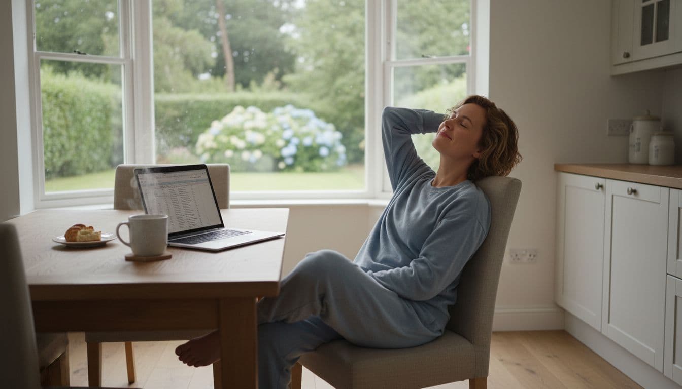 Person working comfortably from home on a laptop at the kitchen table with tea nearby and a window view of the garden, in a relaxed posture during a treatment break, soft daylight, realistic style.