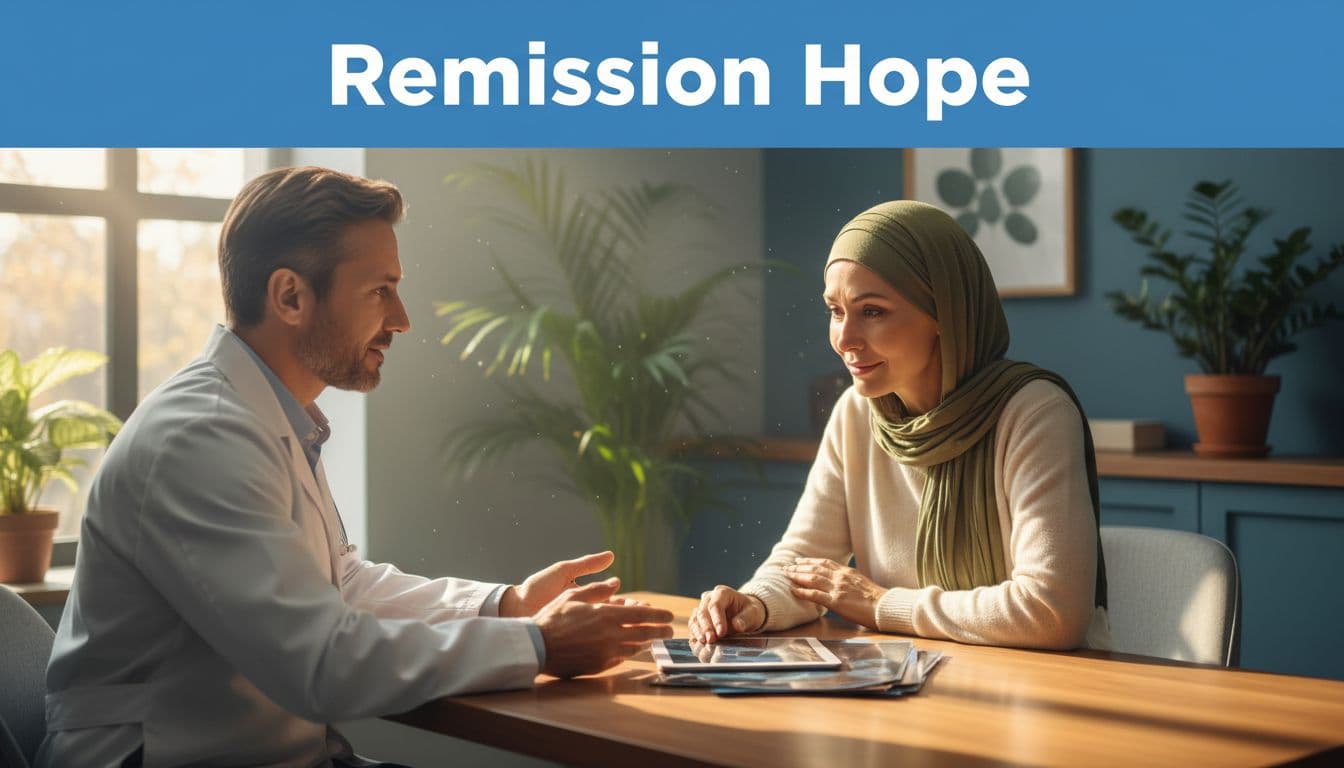 Relieved cancer patient listens to doctor in sunlit clinic with scan images on table and Remission Hope banner above.