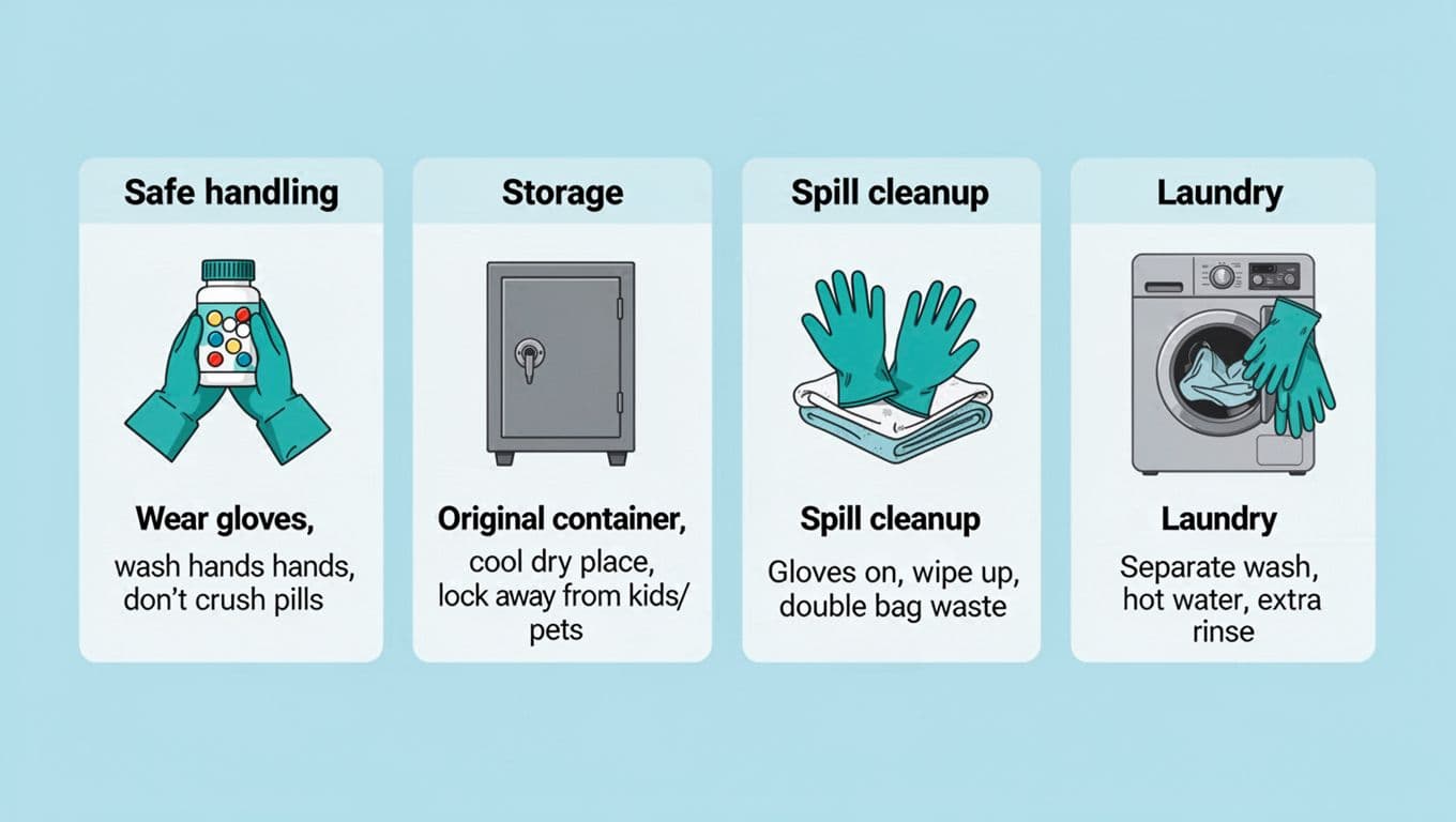 Oral chemotherapy at home, safe handling, storage, and what to do after a spill 1 Clean medical-style infographic in landscape format with four panels illustrating safe handling, storage, spill cleanup, and laundry for pills using simple icons on a light blue background.
