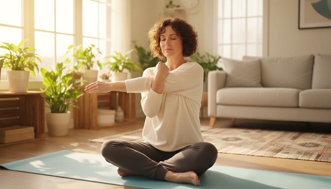 Aromatase Inhibitor Joint Pain Relief That Helps You Keep Moving 1 Middle-aged woman with short hair in comfortable yoga clothes performs gentle seated shoulder stretches on a yoga mat in a bright home living room filled with plants and natural window light.