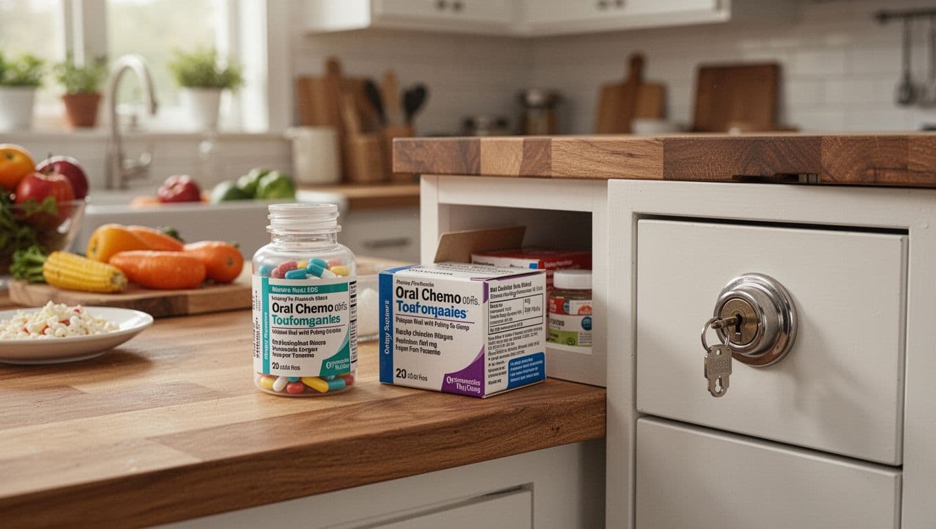 Oral chemotherapy at home, safe handling, storage, and what to do after a spill 3 Realistic landscape photo of a wooden kitchen counter with an oral chemo pill bottle in its original labeled box, safely stored away from food next to a locked drawer, in a clean family kitchen with soft natural lighting and warm tones, no people, kids, pets, or clutter visible.