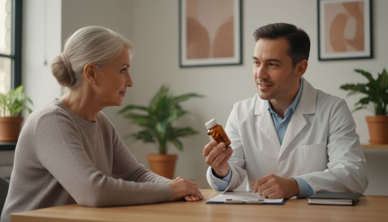 Supplements During Cancer Treatment That Can Raise Bleeding Risk 2 A thoughtful senior patient sits in a doctor's office discussing supplements with a compassionate doctor, simple consultation scene with warm lighting and relaxed hands on the table.