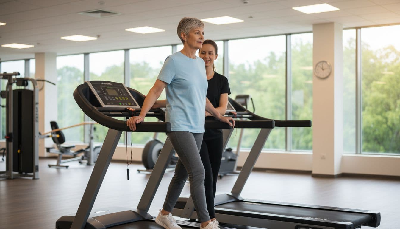 A senior woman with short hair walks on a treadmill in a modern clinic gym with large windows and warm lighting, closely spotted by a physical therapist from behind in a supportive atmosphere.