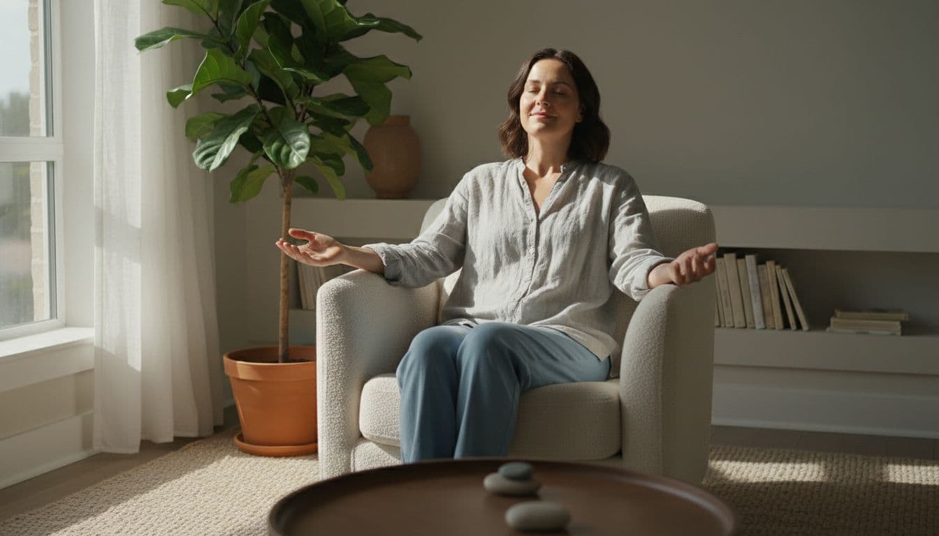 Cancer Treatment Sleep Plan for Cancer Patients Battling Insomnia and Fatigue When Your Body Won't Shut Off 2 One person sits calmly in a quiet living room during daytime, eyes closed in meditation with hands resting on lap, natural sunlight streaming from the window and a potted plant nearby.